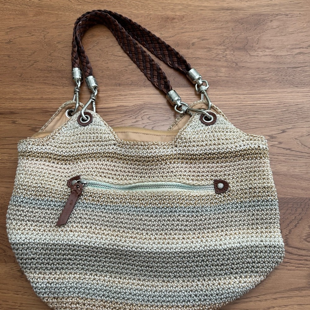 Vintage The Sak Striped Crochet Leather Strap Hobo Purse Shoulder Bag